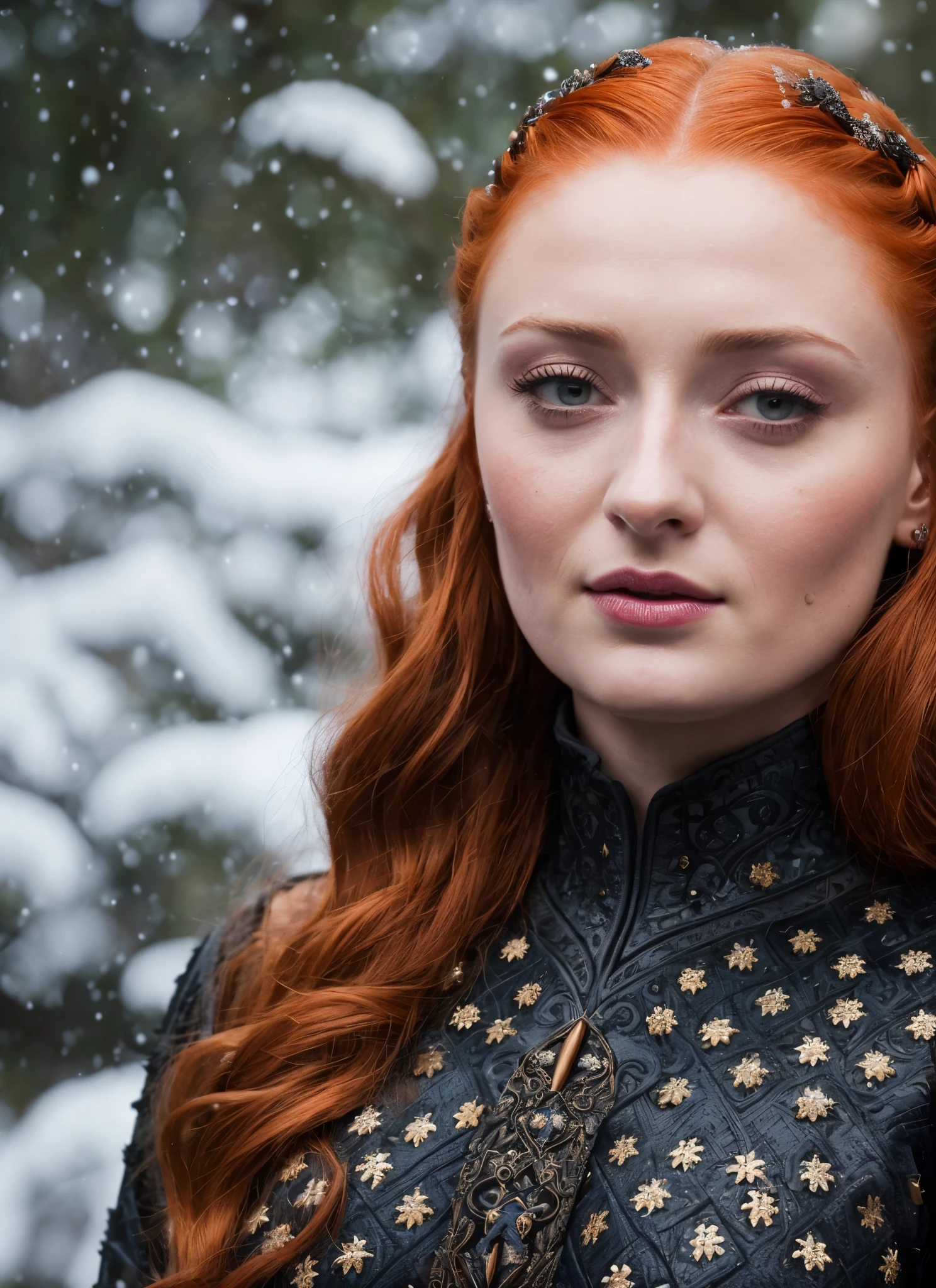 Face of Sophie Turner, Sansa Stark played by Sophie Turner, the de facto Lady of the Eyrie, is a 40-year-old mature queen with a stunning, alluring appearance. Full Face, Full figured woman, pierced eyes, reddish lips, upper body shot, erotic Mediaeval costumes, game of thrones costumes, She wears a Game of Thrones-inspired costume and has a deep cleavage, a perfect thick body, and a perfect thick figure. The photograph captures her in a close-up, with her skin texture and facial features being ultra-realistic and realistic. Juicy thick figure, high quality skin, Skin pores, amazing details, snow, snow flakes, semi realistic, extremely detailed eyes, dark moody orange and black settings, cool environment, artificial intelligence