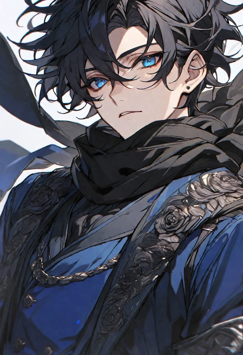 Solo, male, black hair, blue eyes, blue dress, black scarf, black roses