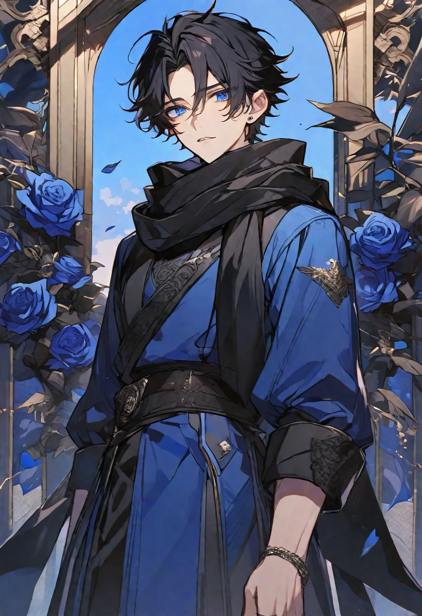 Solo, male, black hair, blue eyes, blue dress, black scarf, black roses