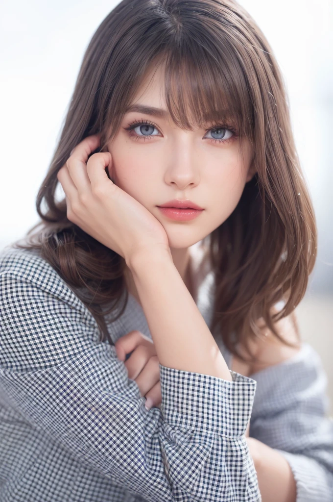 beautiful, light grey eyes, (best quality, ultra-detailed), (realistic:1.37), beautiful and detailed face, ultra-realistic texture, delicate face, delicate body, red lipstick, bright colors. High definition, 8K.