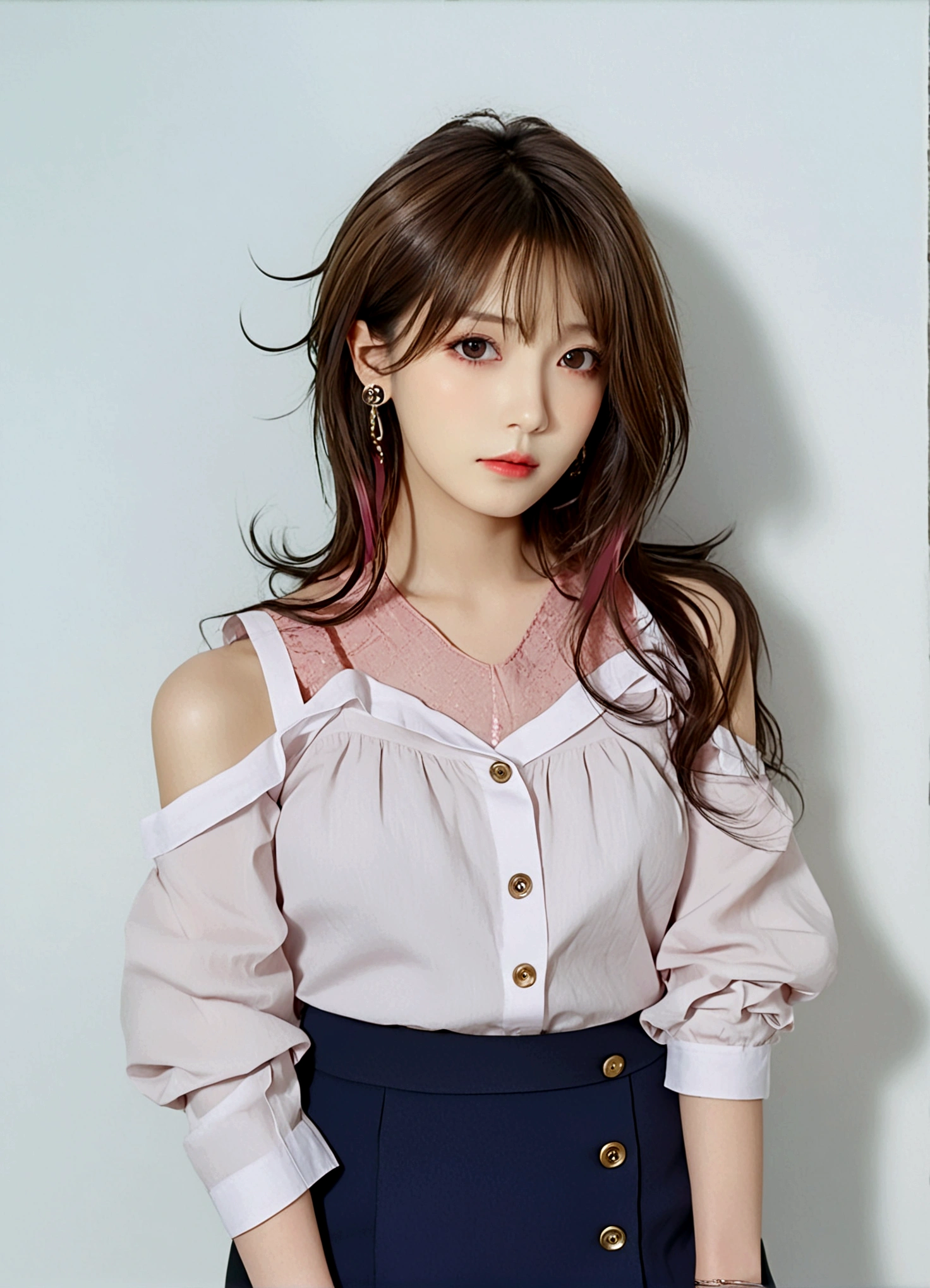 1girl, solo, long hair, looking at viewer, bangs, skirt, simple background, brown hair, shirt, long sleeves, bare shoulders, brown eyes, jewelry, closed mouth, upper body, earrings, black skirt, medium hair, grey background, off shoulder, lips, head tilt, sleeves past wrists, buttons