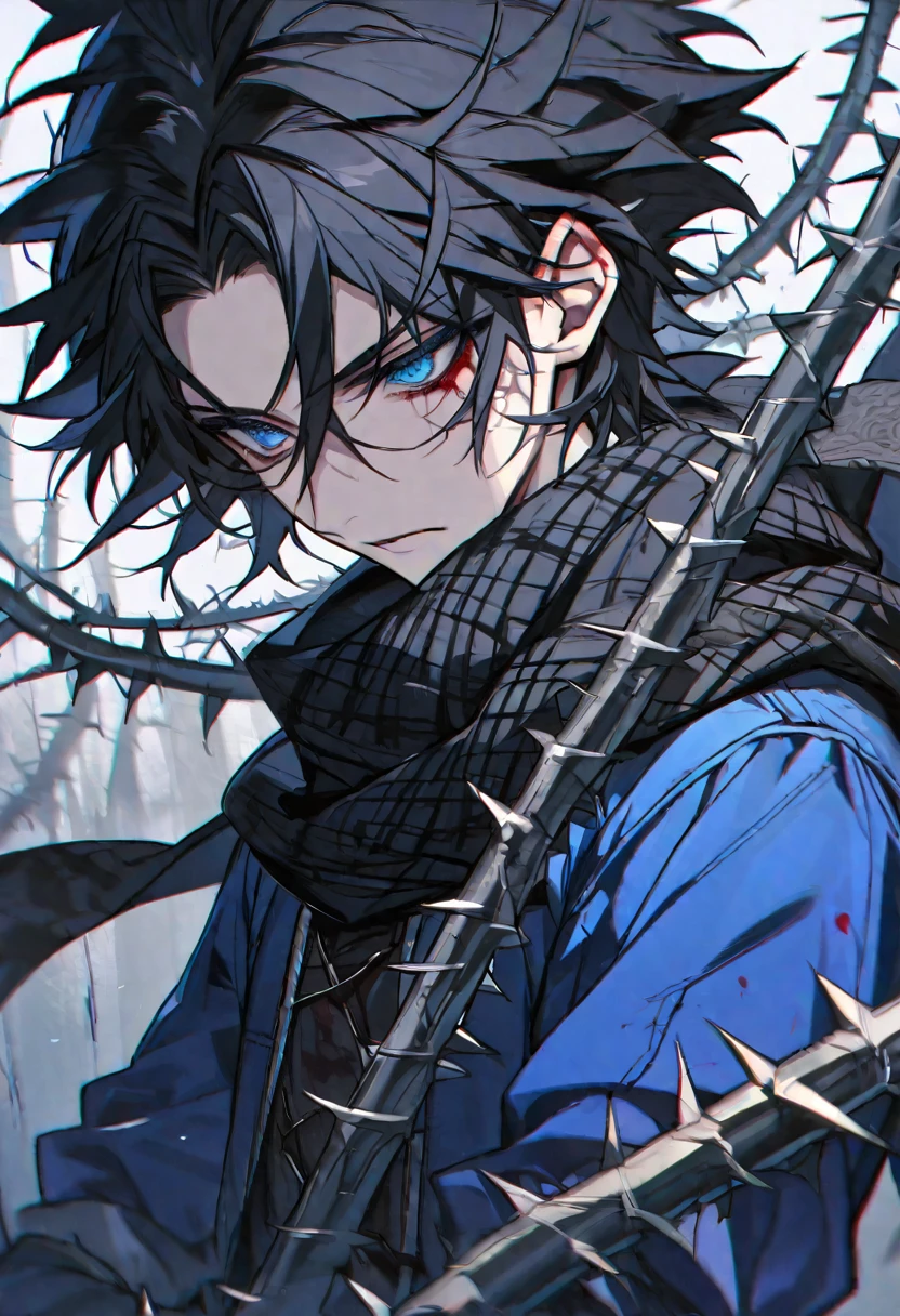 Solo, male, black hair, blue eyes, blue coat, black scarf, black roses, thorns, blood