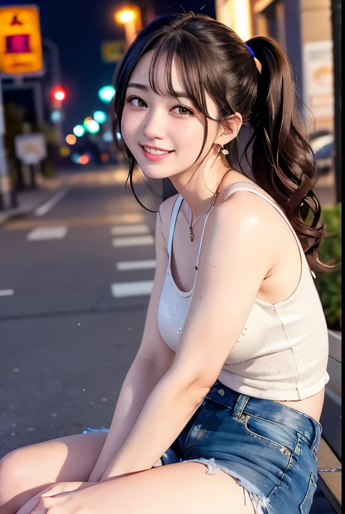 One Girl, (beautiful girl, Delicate girl:1.3), (:1.3), break, Exceptional clarity, (Symmetrical eyes:1.3), break, (Street Snap:1.3), perfectly trimmed fingers, break, Large Breasts, Brown eyes, Parted bangs, Brown Hair, break, (Eye and facial details:1.0), break, (masterpiece, Highest quality, Very detailed, Detailed face, 8k)、Highest quality、Beautiful woman、She is wearing a sleeveless black top and a drawstring skirt.、A shy smile、Solar Illumination、Long Hair、Browsing Caution、ponytail、Adult、Black hair tie、Angle at which the hair tie can be seen、Long Hair