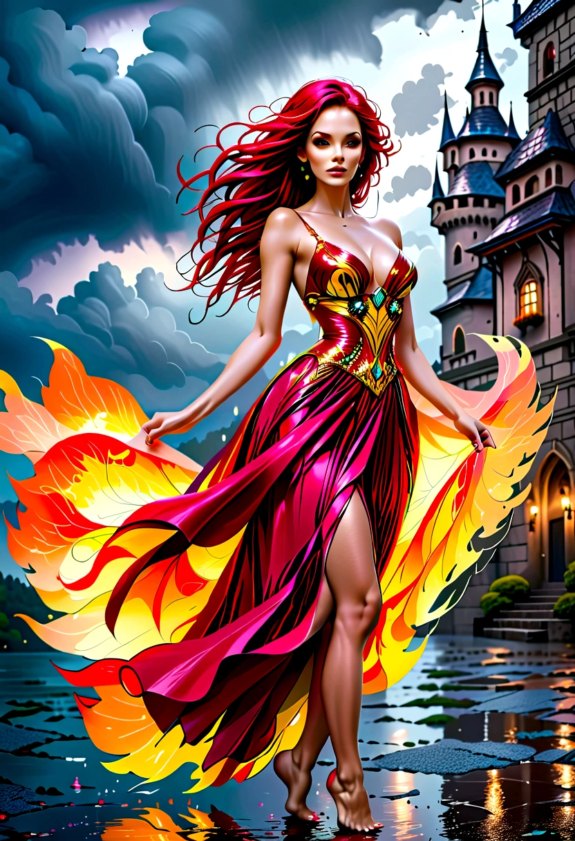 a sorceress of fire making fire dance in a the (storm of rain: 1.5), a most exquisite beautiful sorceress, controlling fire manipulating fire, a woman, dynamic hair color, dynamic hair style, (most beautiful face: 1.3), (ultra detailed face: 1.2), wet hair, wet face, dynamic eyes color, full body shot, wearing dress made of fire, wearing intricate high heels, light make up, dancing in courtyard of a fantasy castle, ((heavy rain drops: 1.1)), clouds in the sky, (anatomically correct: 1.4), (full body shot: 1.1) , vibrant, Ultra-high resolution, High Contrast, (masterpiece:1.5), highest quality, Best aesthetics), best details, best quality, highres, ultra wide angle, 16k, [ultra detailed], masterpiece, best quality, (extremely detailed), firecd_xl, phoenix dress, fireMagicAI, Intense gaze