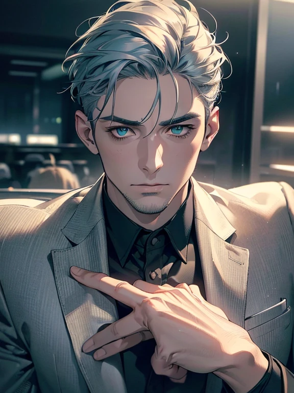 (best quality,4k,8k,highres,masterpiece:1.2),ultra-detailed,(realistic,photorealistic,photo-realistic:1.37),cinematic lighting,hdr image,1 man,31 years old,mature man,very handsome,without expression,serious,short grey blue hair,green eyes,penetrating gaze,imposing posture,businessman,office background