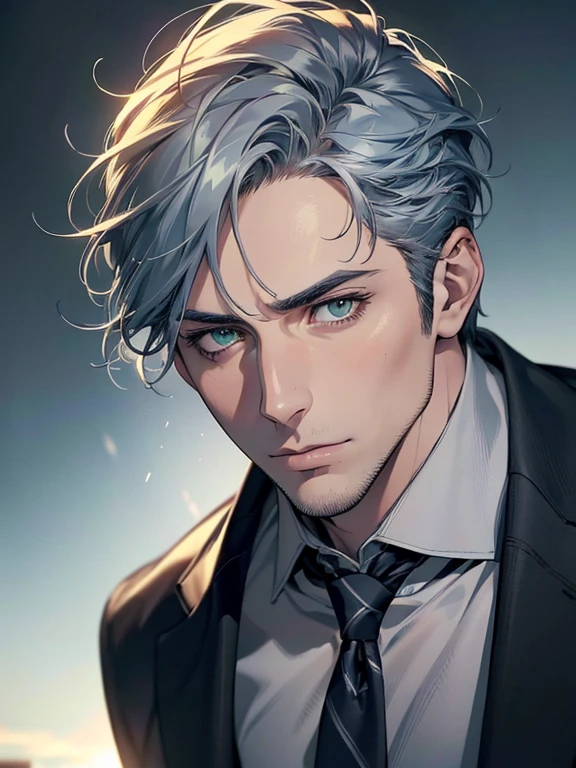 (best quality,4k,8k,highres,masterpiece:1.2),ultra-detailed,(realistic,photorealistic,photo-realistic:1.37),cinematic lighting,hdr image,1 man,31 years old,mature man,very handsome,without expression,serious,short grey blue hair,green eyes,penetrating gaze,imposing posture,businessman,office background