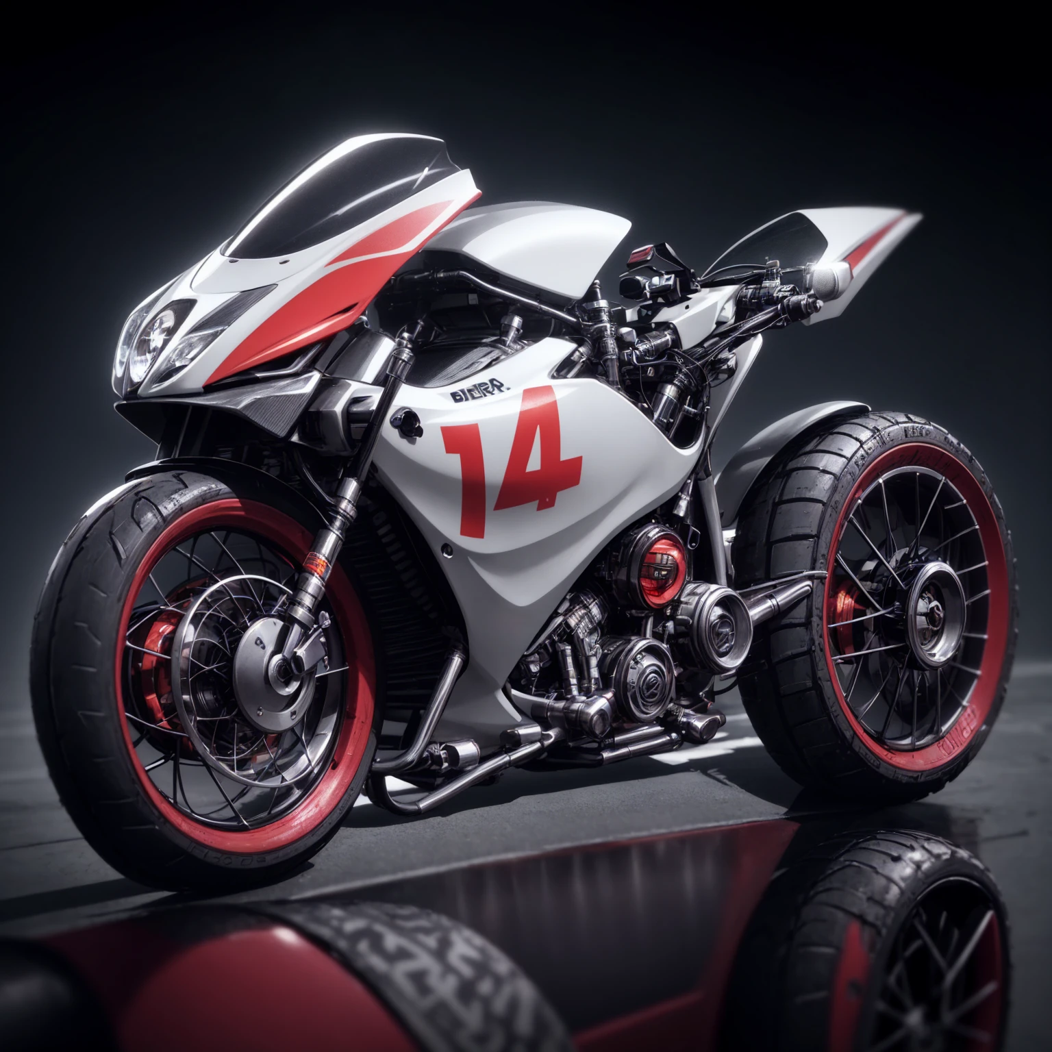 a close up of a mad max style motorcycle with a text: "bere" , and number 14 on the front, extreme render, daniel maidman octane rendering, crisp rendering, hyper real rendering, cycle render, hyper-detailed 3D rendering, hyper-detailed 3D rendering, rendered in v-ray, 3d rendering cycles, hyper-realistic detailed rendering, hyper-realistic rendering, cycle renders4d, Futuristic bere
