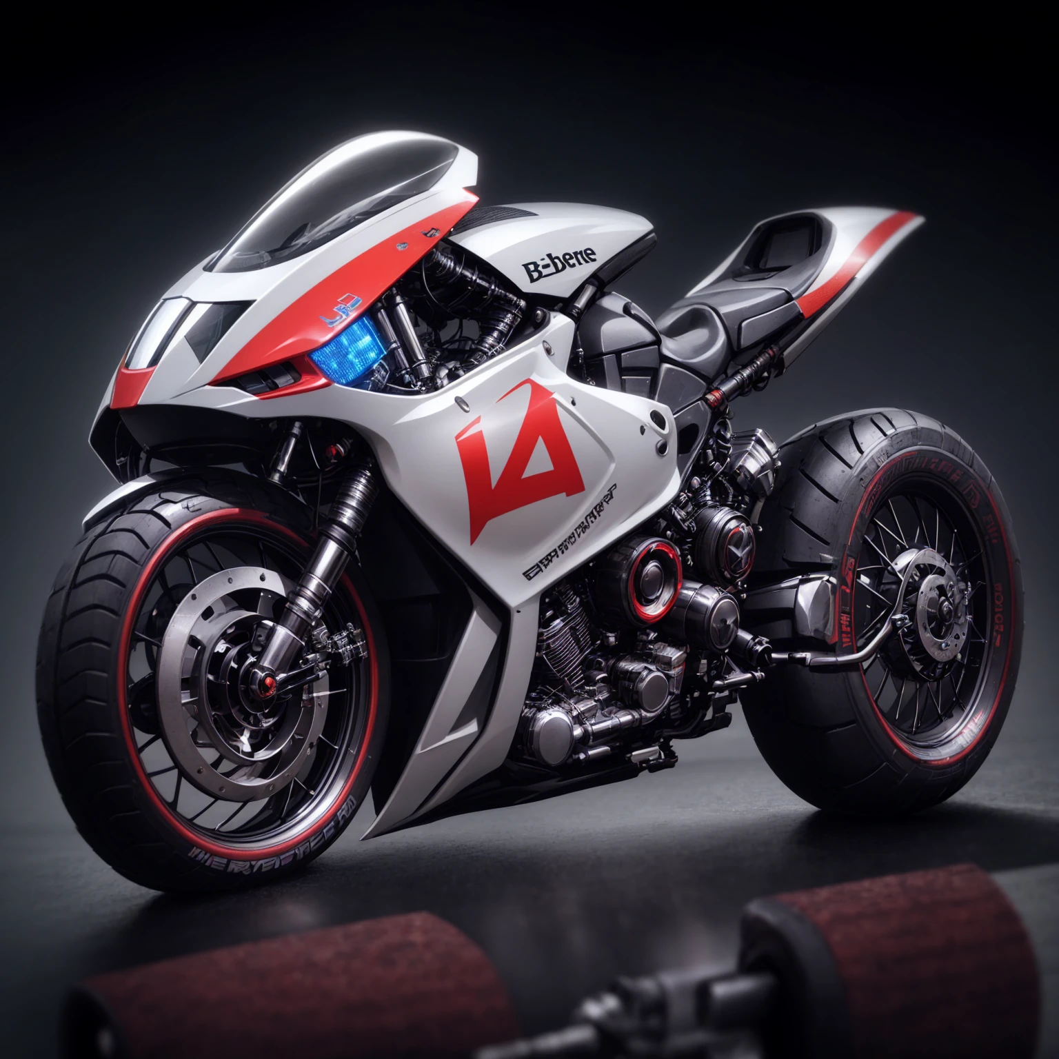 a close up of a mad max style motorcycle with a text: "bere" , and number 14 on the front, extreme render, daniel maidman octane rendering, crisp rendering, hyper real rendering, cycle render, hyper-detailed 3D rendering, hyper-detailed 3D rendering, rendered in v-ray, 3d rendering cycles, hyper-realistic detailed rendering, hyper-realistic rendering, cycle renders4d, Futuristic bere