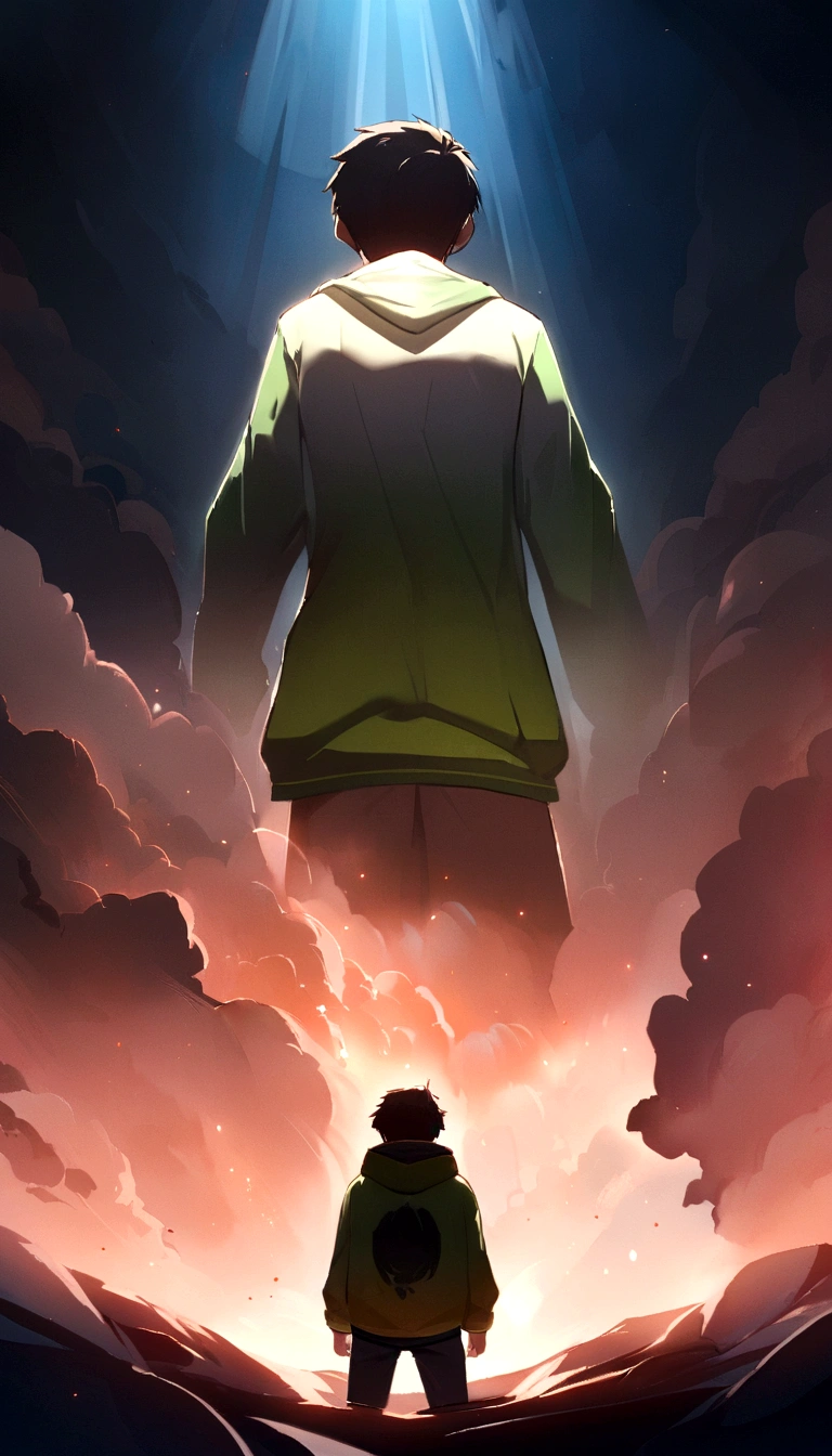 It disappeared neatly),(The volume builds up，Haa),(The past is not much different，lost myth)), Cinematic, tempering fade, boy, hoodie, Front of Dekstop, Back Shoot,