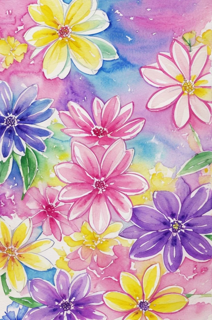 Enchanted garden colorful flowers in pink, yellow and lilac. HAND PAINTING. water colour