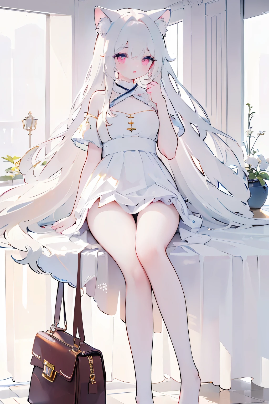 Tsundere 18 year old girl, beautiful and delicate eyes, beautiful lips, very detailed 눈과 얼굴, long eyelashes, 1girl, white cat ears, foot long bag, Front view, Red-eye, (top quality, 4K, 8K, high resolution, masterpiece:1.2), very detailed, (realistic인, realistic인, realistic인, realistic인, realistic: 1.37), very large breasts, elegant, fantasy, white background, Showing between the crotch,sexy