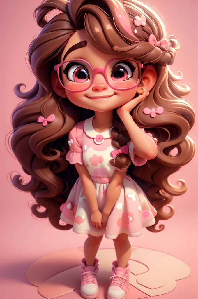 3d illustration, pixar style, baby girl ariana grande brown hair, long hair, glasses, braid, pink bow in hair, dress  red with white dots, bright eyes look like inside out character of movie, candy colors, pastel colors, smiling, glitter, light pink shoes, exuberant
