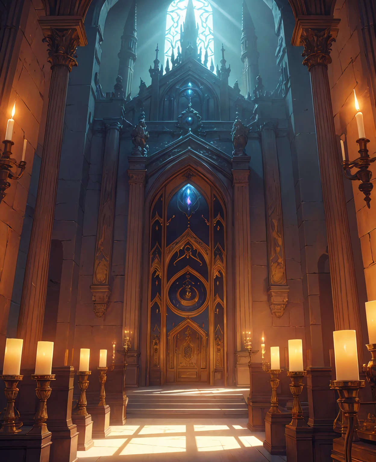 a dungeon, silver moon sanctuary, daylight, intricate detailed architecture, glowing moon, sunlight streaming through windows, ornate furniture, candles, medieval fantasy, realistic, cinematic lighting, dramatic shadows, detailed textures, warm color palette, photorealistic, 8k, masterpiece