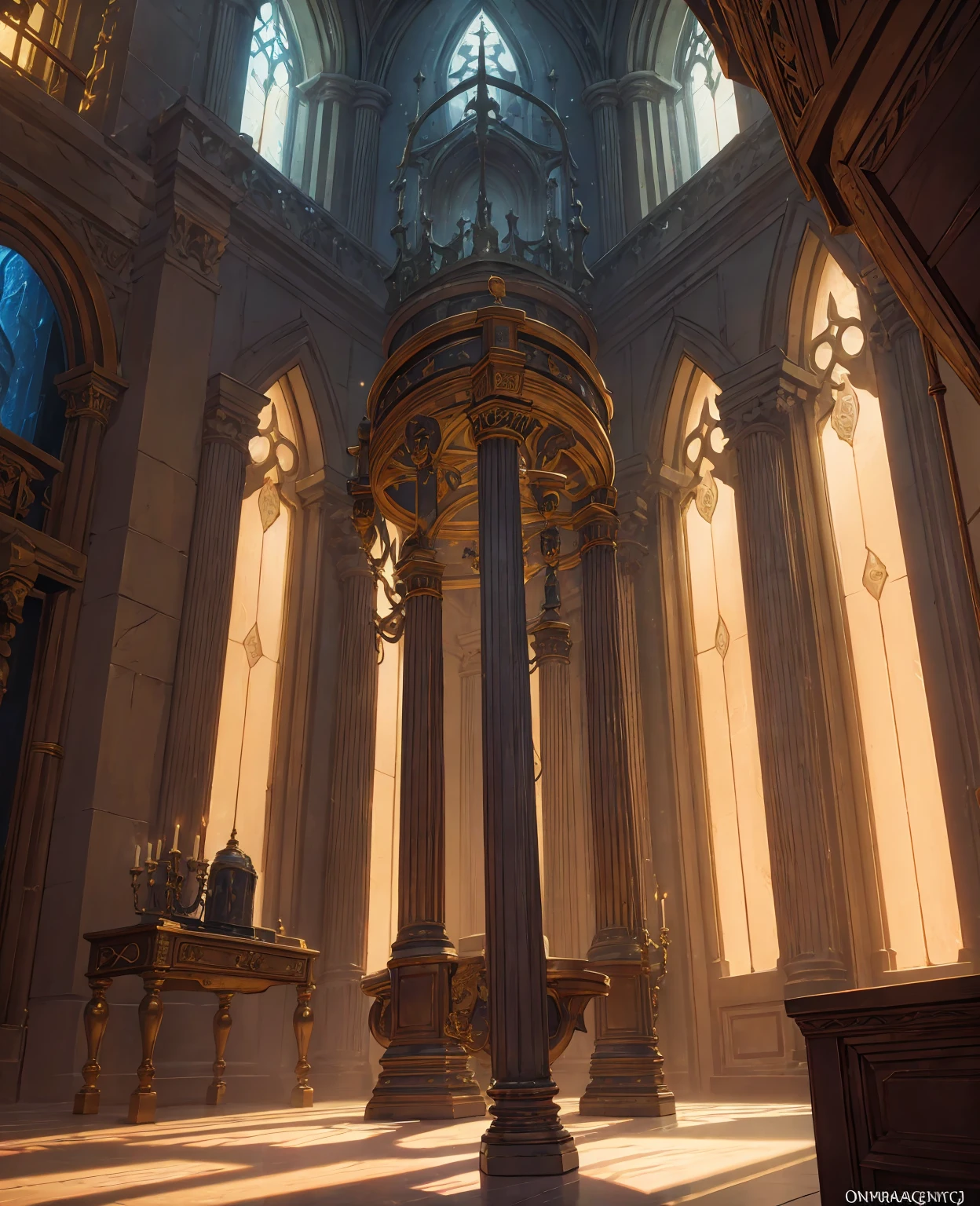 a dungeon, silver moon sanctuary, daylight, intricate detailed architecture, glowing moon, sunlight streaming through windows, ornate furniture, candles, medieval fantasy, realistic, cinematic lighting, dramatic shadows, detailed textures, warm color palette, photorealistic, 8k, masterpiece