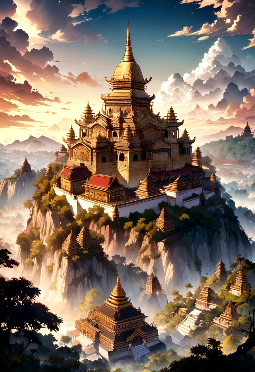 landscape of Myanmar, white pagoda and monastery on the hill, intricate image