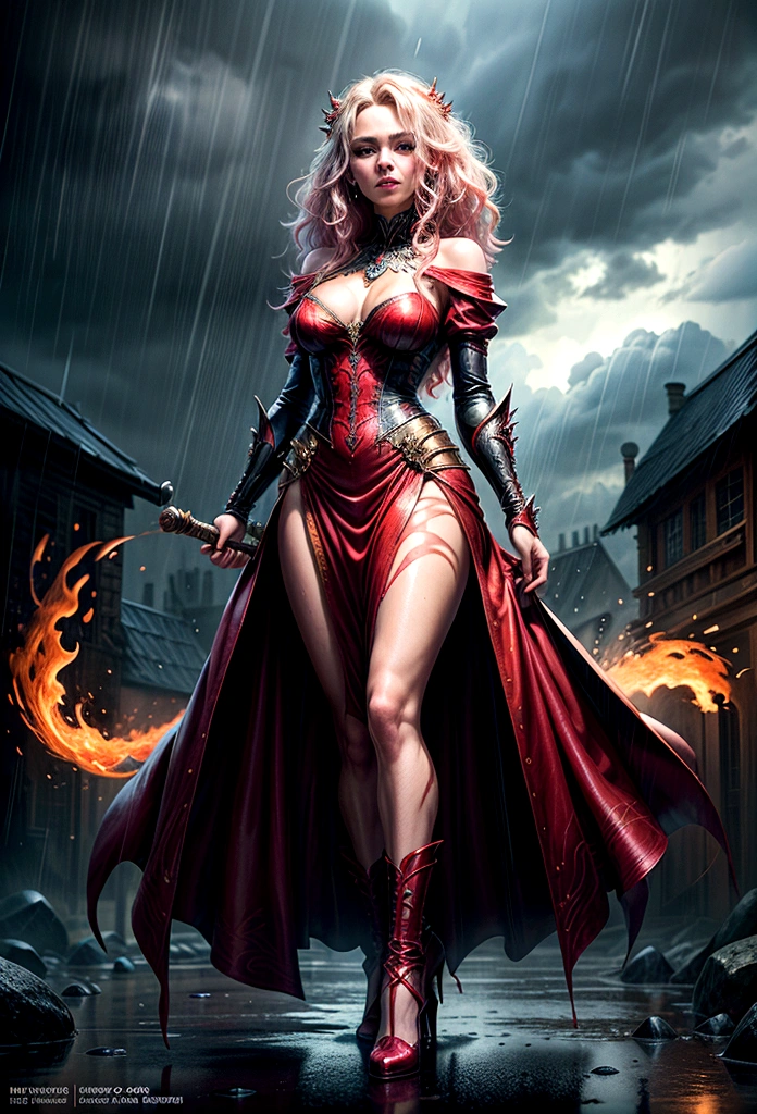 a sorceress of fire making fire dance in a the (storm of rain: 1.3), a most exquisite beautiful sorceress, controlling fire manipulating fire, a woman, dynamic hair color, dynamic hair style, (most beautiful face: 1.3), (ultra detailed face: 1.2), wet hair, wet face, dynamic eyes color, full body shot, wearing dress made of fire, wearing intricate high heels, light make up, dancing in courtyard of a fantasy castle, ((heavy rain drops: 1.1)), clouds in the sky, (anatomically correct: 1.4), (full body shot: 1.1) , vibrant, Ultra-high resolution, High Contrast, (masterpiece:1.5), highest quality, Best aesthetics), best details, best quality, highres, ultra wide angle, 16k, [ultra detailed], masterpiece, best quality, (extremely detailed), firecd_xl, phoenix dress, fireMagicAI, Intense gaze