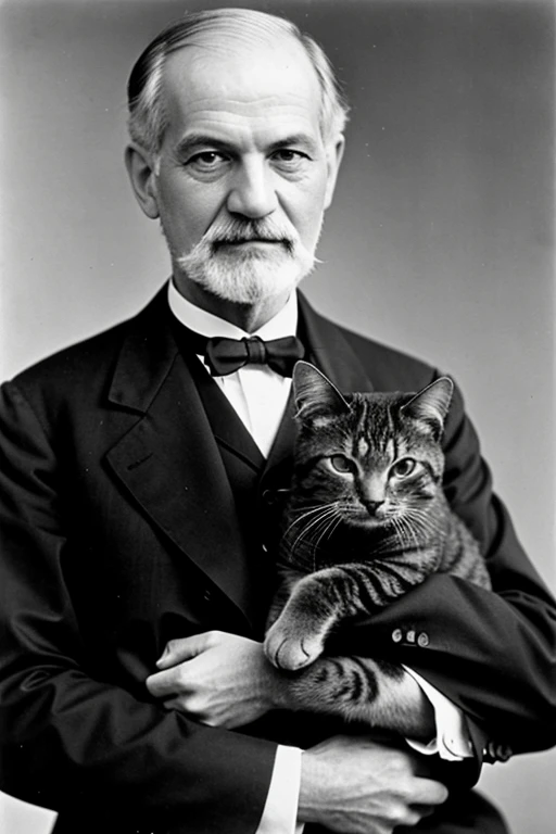 Classic image of Sigmund Freud holding a cat. in black and white