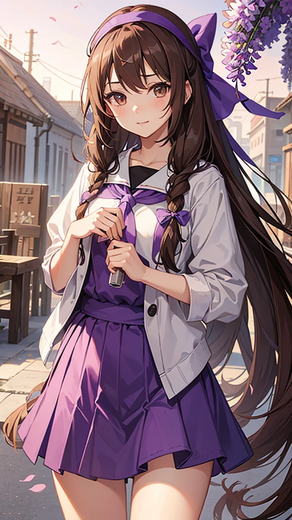 An anime girl in a lavender Clan outfit, with long, loose brown hair and brown eyes and a bandana on her forehead 