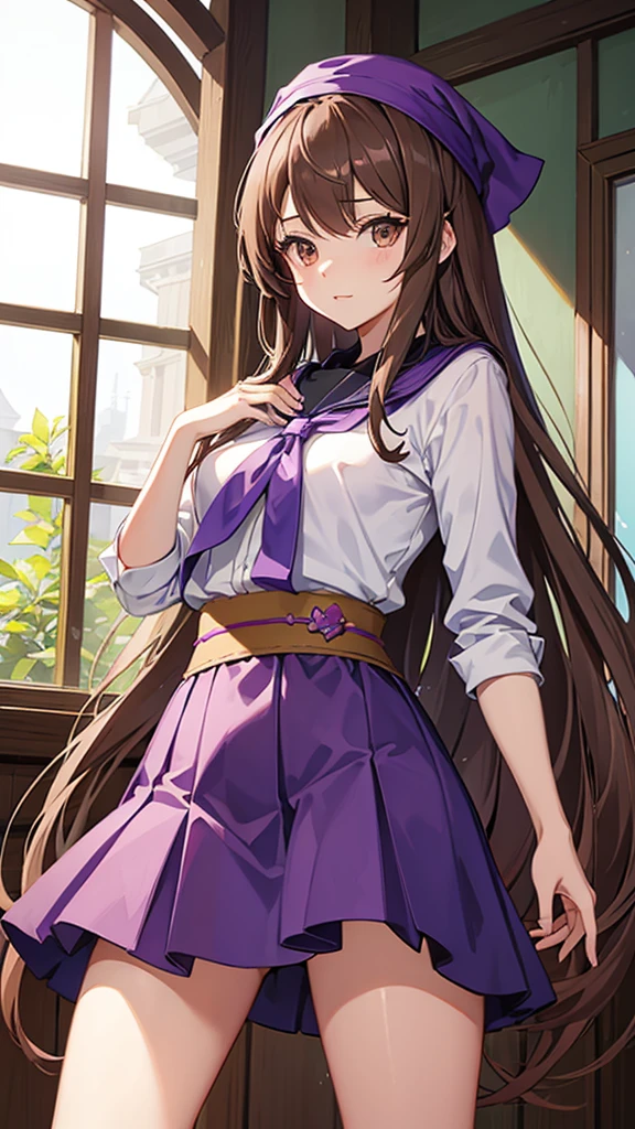 An anime girl in a lavender Clan outfit, with long, loose brown hair and brown eyes and a bandana on her forehead