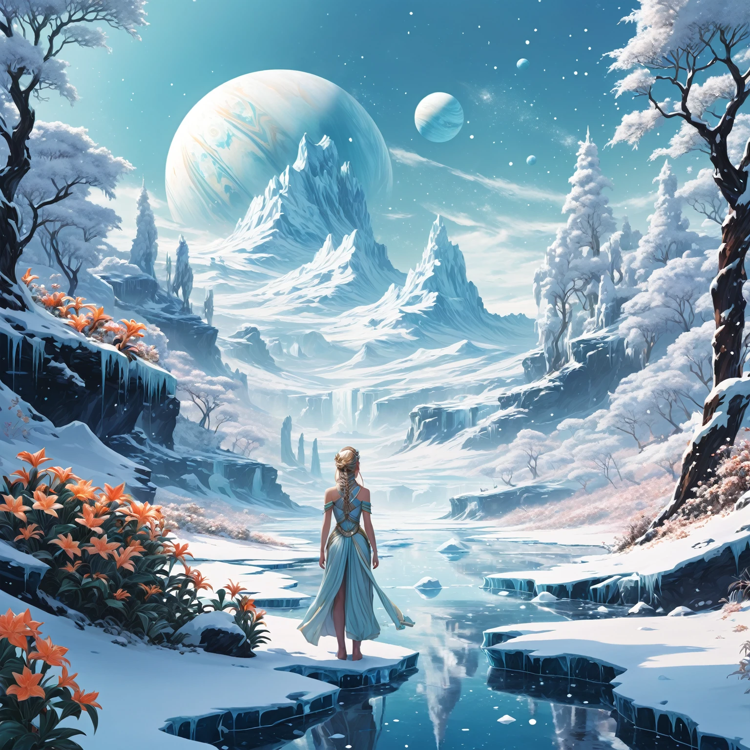 A god like Jupiter in an iced landscape, ice, snow, distant snowy forests, scandinavian vibes , in juxtaposition duality with the nymph of an oasis with luscious vegetation and tropical flowers, space opera confrontation, inspired by manhua aesthetics.