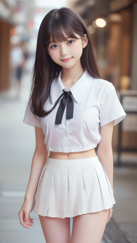 ((SFW: 1.4)), ((SFW, , Collared shirt, (Thin white shirt in fabric:1.3),Short sleeve, tie, (Very short skirt:1.5), smile, at school, 1 Girl)), Ultra-high resolution, (Genuine: 1.4), RAW Photos, Highest quality, (photoGenuineistic), concentrated ,Soft Light,(()),((Japanese)),(((Young Face))),(surface),(Depth of written boundary),masterpiece,(PhotoGenuine),woman,bangs,( (1 Girl),Long Hair,Photographed from the knees up、(Her underwear is visible through her eyes:1.2),