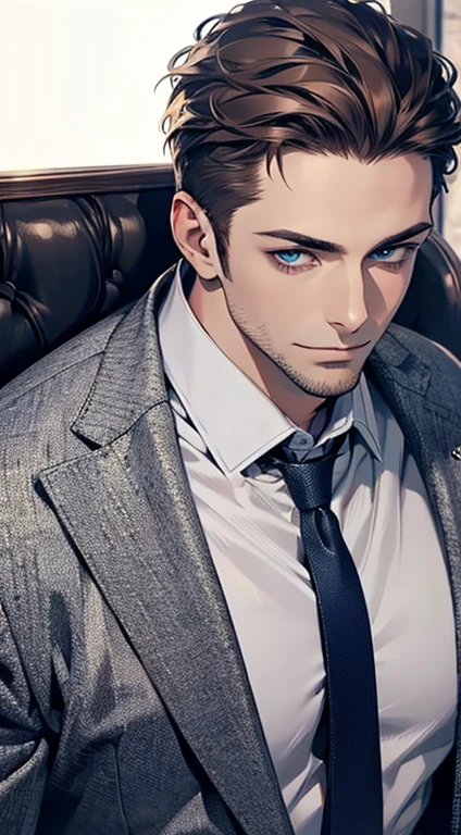 (best quality,4k,8k,highres,masterpiece:1.2),ultra-detailed,(realistic,photorealistic,photo-realistic:1.37),1 man,31 years old,mature man,very handsome,without expression,smile,short grey brown hair,blue eyes,penetrating gaze,perfect face without errors,imposing posture,businessman,office background,cinematic lighting,hdr image