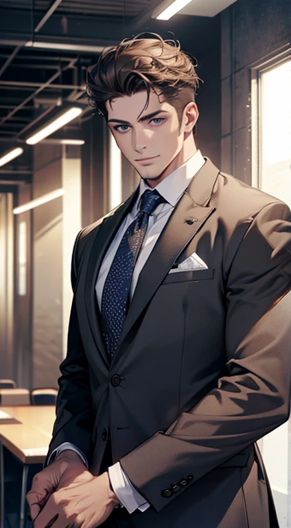 (best quality,4k,8k,highres,masterpiece:1.2),ultra-detailed,(realistic,photorealistic,photo-realistic:1.37),1 man,31 years old,mature man,very handsome,without expression,smile,short grey brown hair,blue eyes,penetrating gaze,perfect face without errors,imposing posture,businessman,office background,cinematic lighting,hdr image