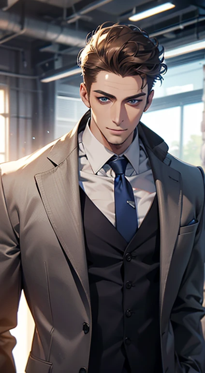 (best quality,4k,8k,highres,masterpiece:1.2),ultra-detailed,(realistic,photorealistic,photo-realistic:1.37),1 man,31 years old,mature man,very handsome,without expression,smile,short grey brown hair,blue eyes,penetrating gaze,perfect face without errors,imposing posture,businessman,office background,cinematic lighting,hdr image