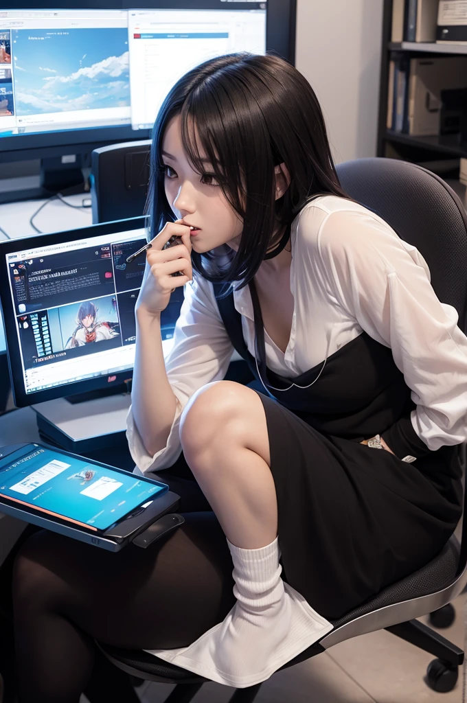 A famous anime smoking while sitting on a chair, the character is doing day trading on the computer