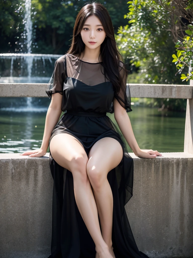 Outdoor、Black sheer dress、(Highest quality)、((Very detailed))、4K、(8K)、masterpiece、Very detailedな、Highest quality、Super Resolution、1 person、Kind Face、Soft Light、RAW quality、Soft Skin、163cm、30 years old、knees