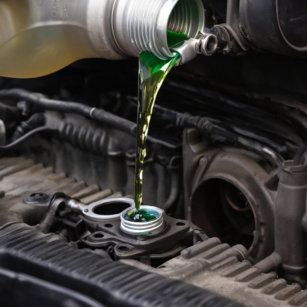 an additive is poured from a small glass bottle into the filler hole of a gasoline car engine