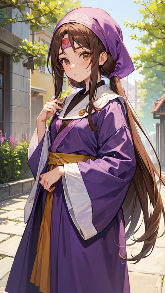 An anime girl in a lavender Clan outfit, with long, loose brown hair and brown eyes and a bandana on her forehead