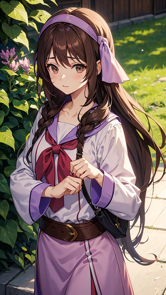 An anime girl in a lavender Clan outfit, with long, loose brown hair and brown eyes and a bandana on her forehead