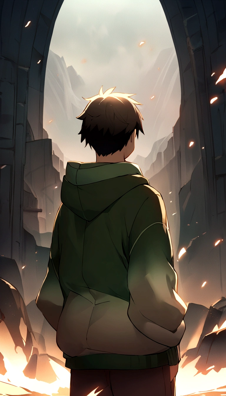 It disappeared neatly),(The volume builds up,Haa),(The past is not much different,lost myth)), Cinematic, tempering fade, boy, hoodie, Front of Dekstop, Back Shoot,Makoto Shinkai style