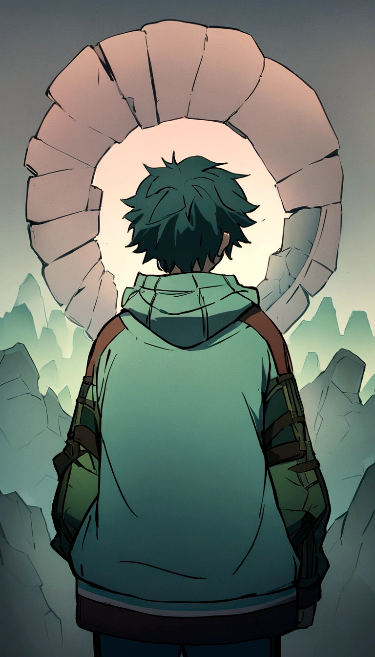 It disappeared neatly),(The volume builds up,Haa),(The past is not much different,lost myth)), Cinematic, tempering fade, boy, hoodie, Front of Dekstop, Back Shoot,Makoto Shinkai style
