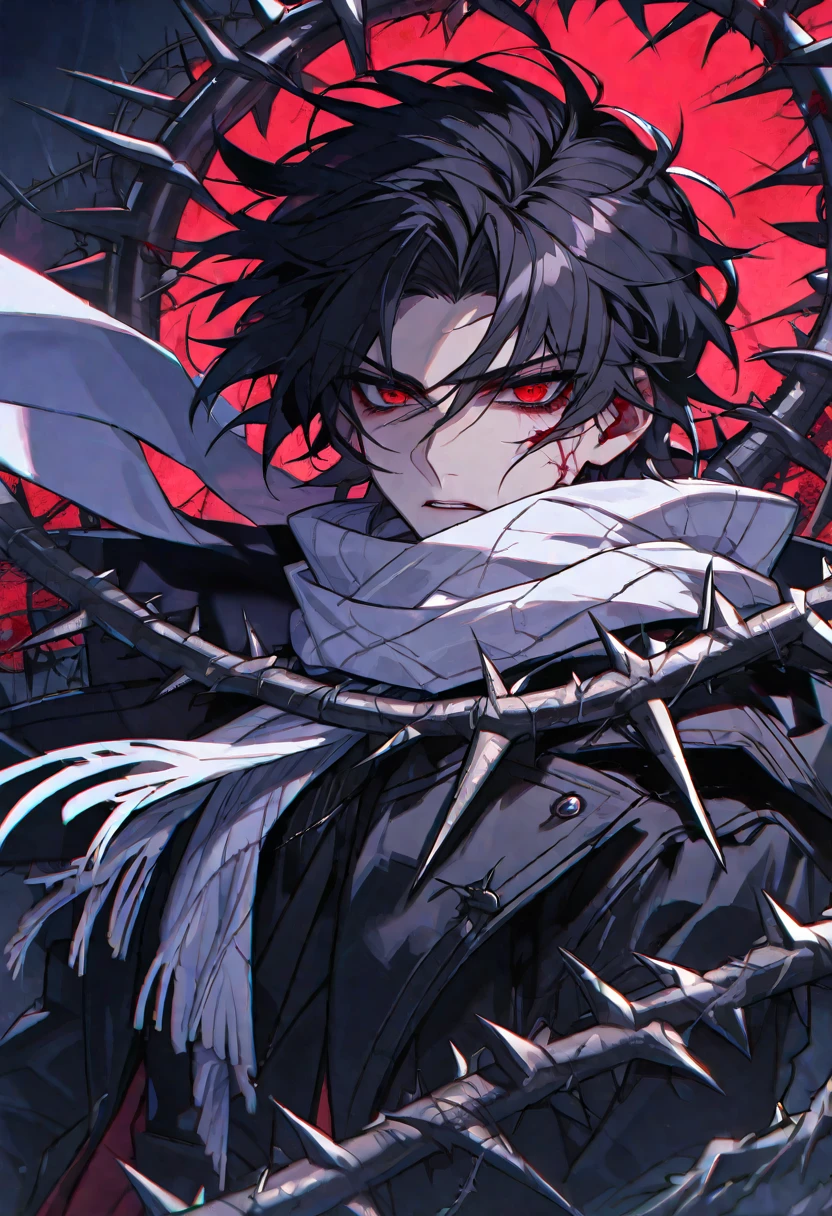 Solo, male, black hair, red eyes, black coat, white scarf, black roses, thorns, blood