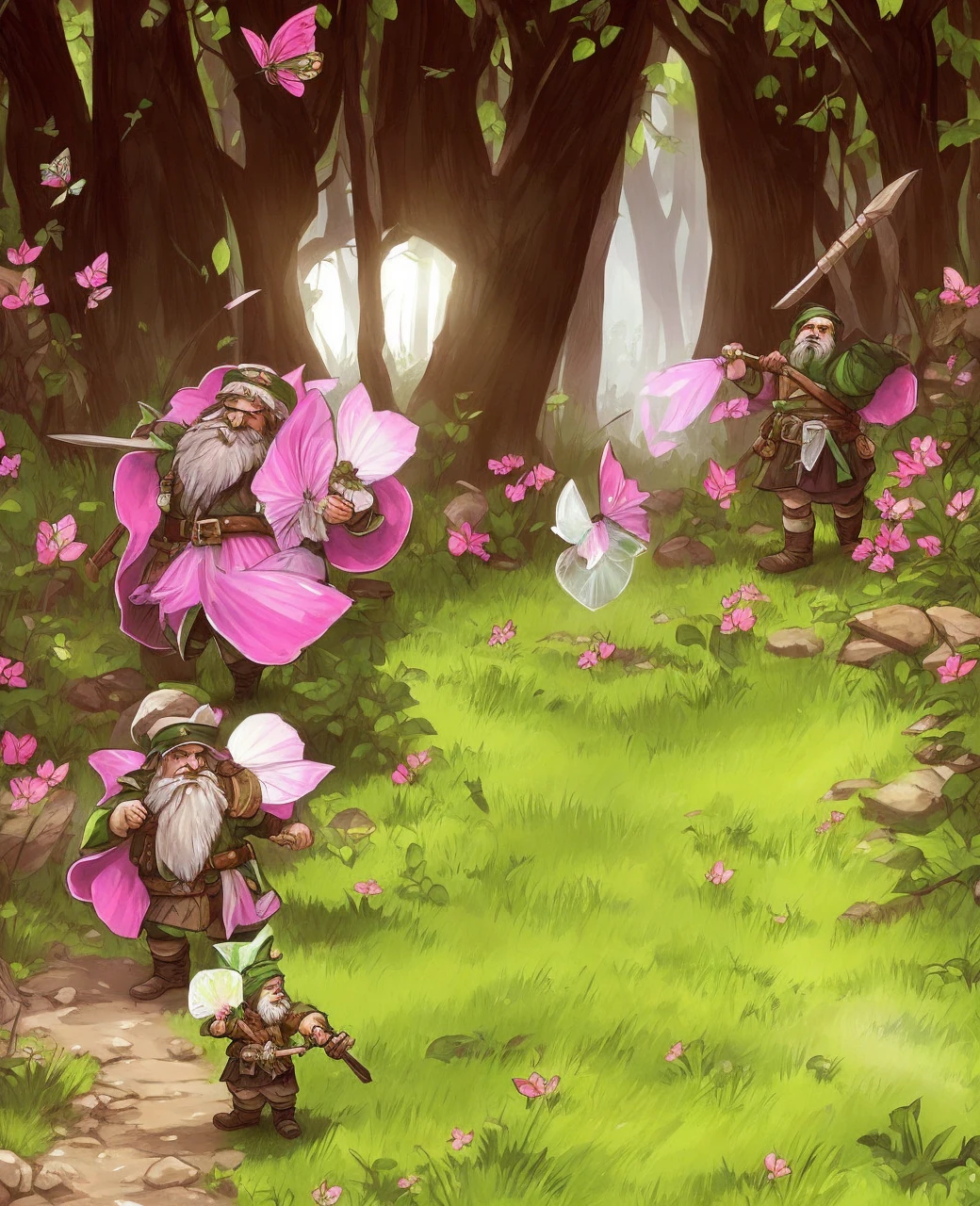 a little dwarf dressed in green, with a long white beard and stubble. a white pointed hat, he holds a pink butterfly catcher in his hand and uses it as a weapon. and is walking through the forest, dark, darknes, horror, rpg