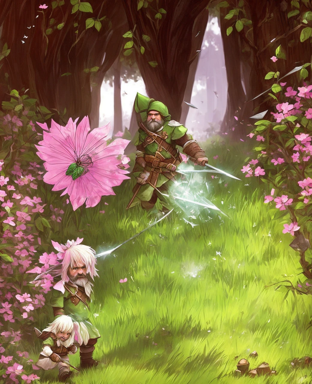 a little dwarf dressed in green, with a long white beard and stubble. a white pointed hat, he holds a pink butterfly catcher in his hand and uses it as a weapon.  and is walking through the forest, dark, darknes, horror, rpg