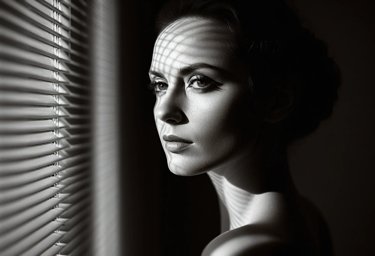 shadow of Venetian blinds projected on the face, (stern look),(bare shoulders), (monochrome), (portrait), (closeup), cinematic film, 35 year old woman leaning at white primed wall, looking over shoulder, lighting from the side, shadows, femme fatale, lips, eyelashes, profile, realistic, shallow depth of field, vignette, highly detailed, high budget, bokeh, cinemascope, moody, epic, gorgeous, film grain, grainy, burlesque, (natural skin), casting shadow style, cucoloris patterned illumination