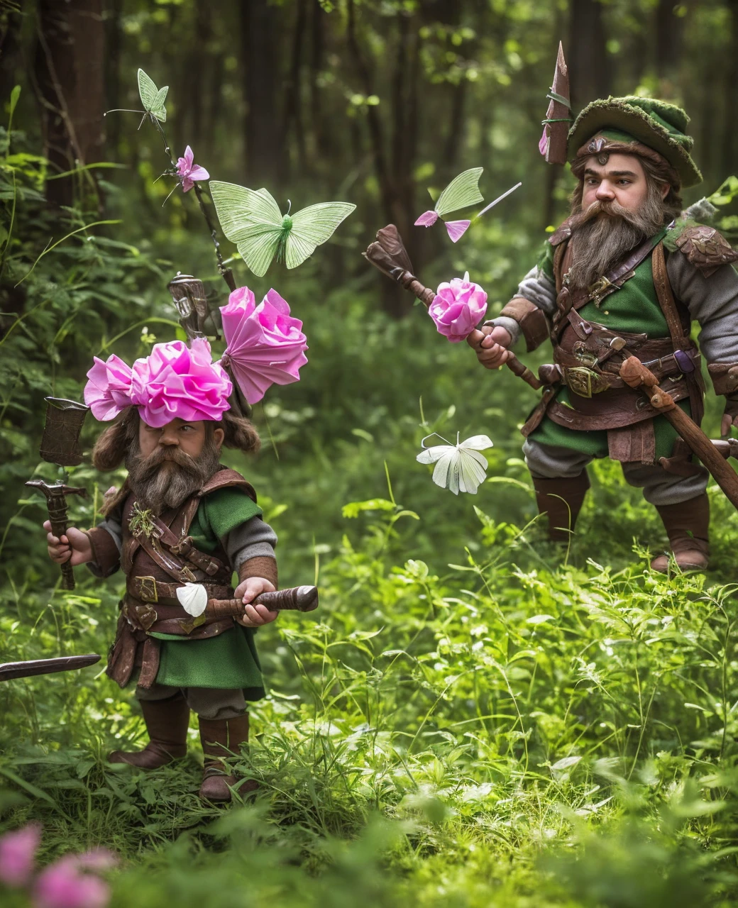 a little dwarf dressed in green, with a long white beard and stubble. a white pointed hat, he holds a pink butterfly catcher in his hand and uses it as a weapon.  and is walking through the forest, dark, darknes, horror, rpg