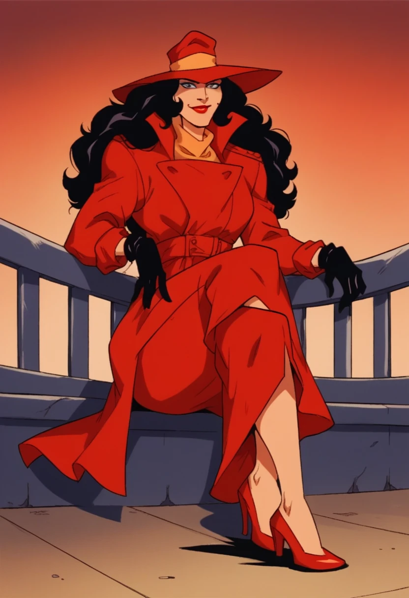 score_9, score_8_up, score_7_up, score_6_up, score_5_up, score_4_up , source_cartoon, xcarmenx, 1 girl, solo, black hair, long hair, blue eyes, makeup, lipstick, hat, trench coat, gloves, high heels, sitting on leather red cheir, crossed legs, smiling