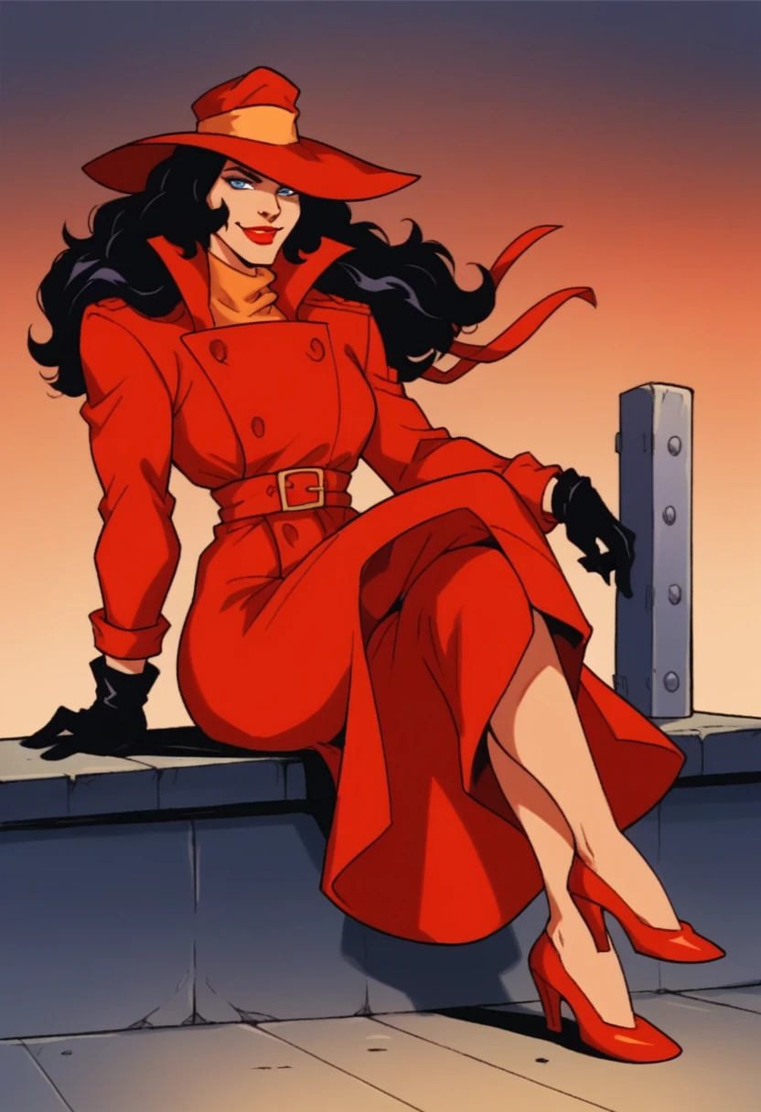 score_9, score_8_up, score_7_up, score_6_up, score_5_up, score_4_up , source_cartoon, xcarmenx, 1 girl, solo, black hair, long hair, blue eyes, makeup, lipstick, hat, trench coat, gloves, high heels, sitting on leather red cheir, crossed legs, smiling