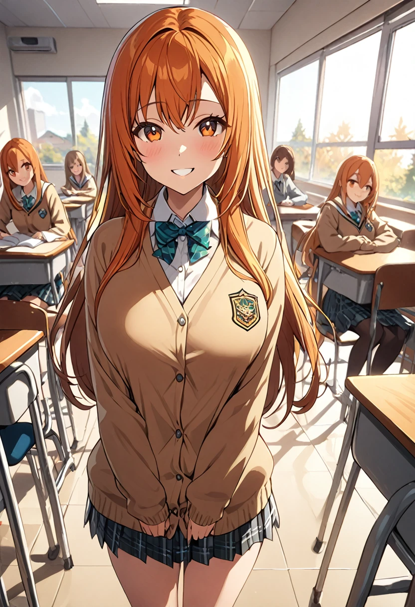 1 girl, solo, tall girl, long orange hair, straight hair ,orange eyes, (high school student), (************),  (Full Breasts), High Height,masterpiece, high resolution, shiny, full body, beautiful,A cute smile that makes the viewer happy, highly detailed beautiful face and eyes,looking at viewer, (high , cardigan:1.2), (high school, high school classroom:1.2), 