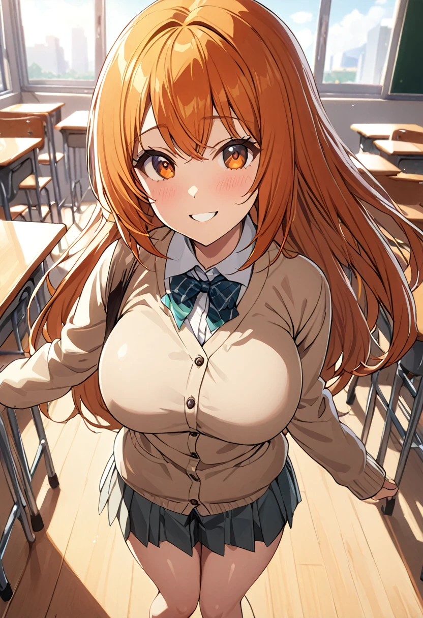 1 girl, solo, tall girl, long orange hair, straight hair ,orange eyes, (high school student), (),  (Full Breasts), High Height,masterpiece, high resolution, shiny, full body, beautiful,A cute smile that makes the viewer happy, highly detailed beautiful face and eyes,looking at viewer, (high , cardigan:1.2), (high school, high school classroom:1.2), 