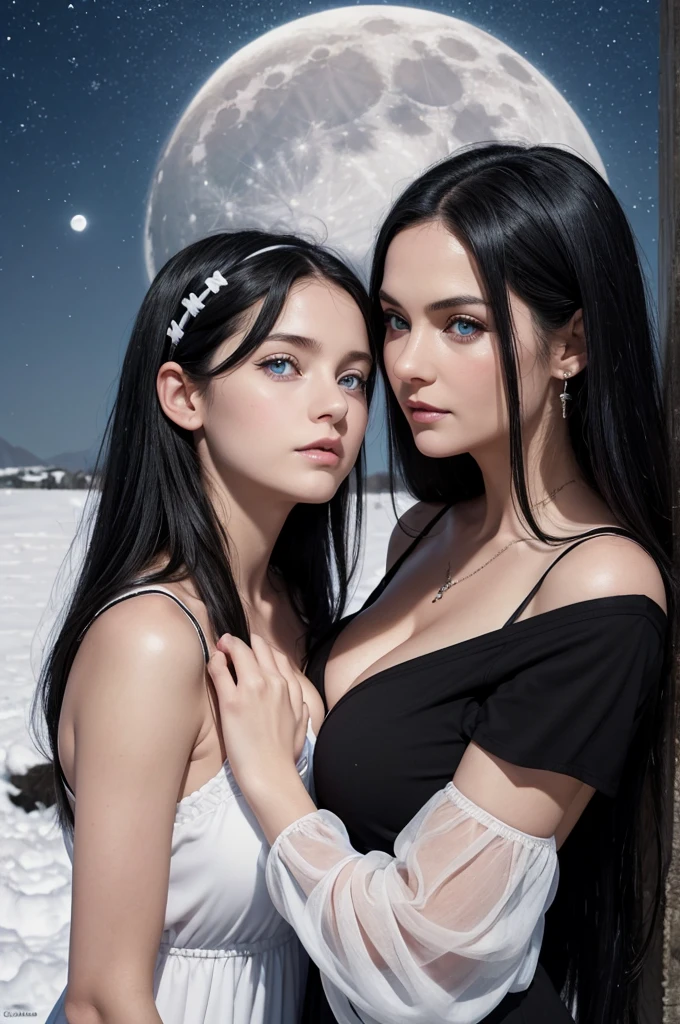 mother and daughter, break: mother, mature woman , black hair , blue eyes, detailed face , sexy, curvys, white and black dress, desing with christian cross break: daughter, girl, breats very small, ager, 1.3, , black hair , blue eyes, detailed face ,dresing with christian cross , background in snow , moon behind