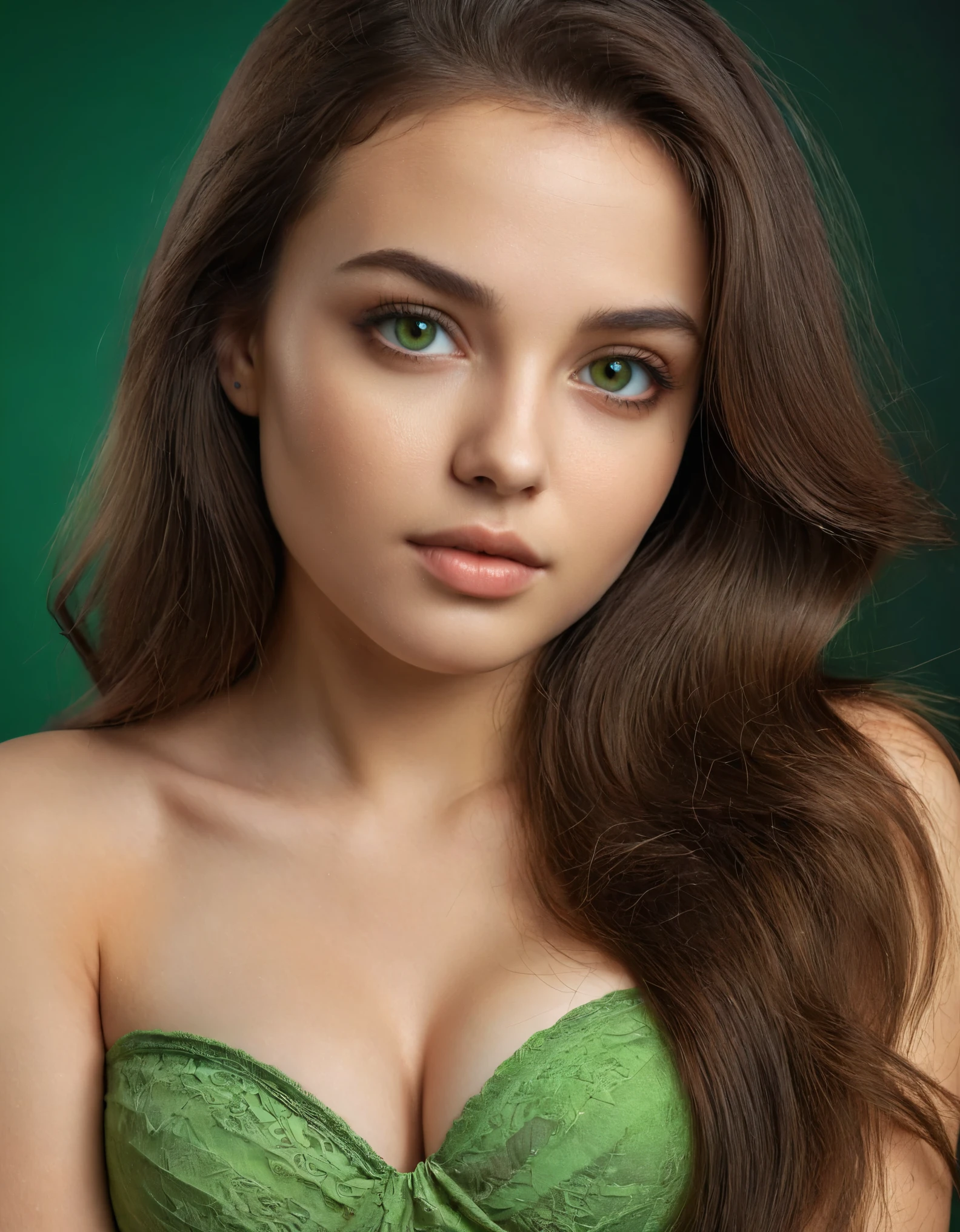 girl with hourglass figure, 70% difference from the waist. brunette, long hair, well-groomed 25 years old. ultra textured light skin with beautiful retouching. natural,big 2 color green-brown eyes with more brown color at the pupil.green color with #190323. slit with fox effect. looks directly into the camera. confident underdog.without a dimpled chin. nose with end in the air