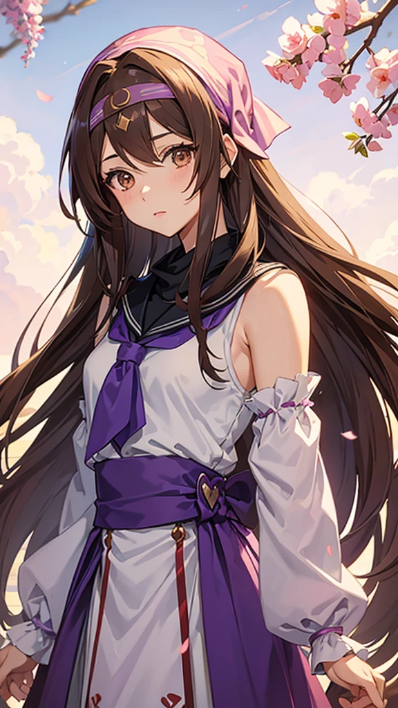 An anime girl in a lavender Clan outfit, with long, loose brown hair and brown eyes and a bandana on her forehead 