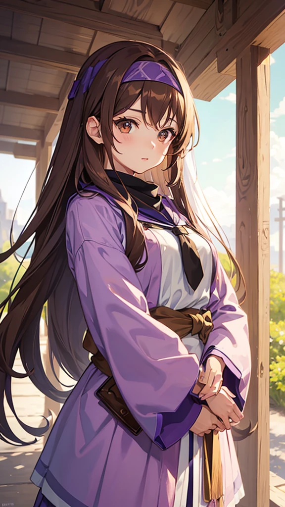 An anime girl in a lavender Clan outfit, with long, loose brown hair and brown eyes and a bandana on her forehead
