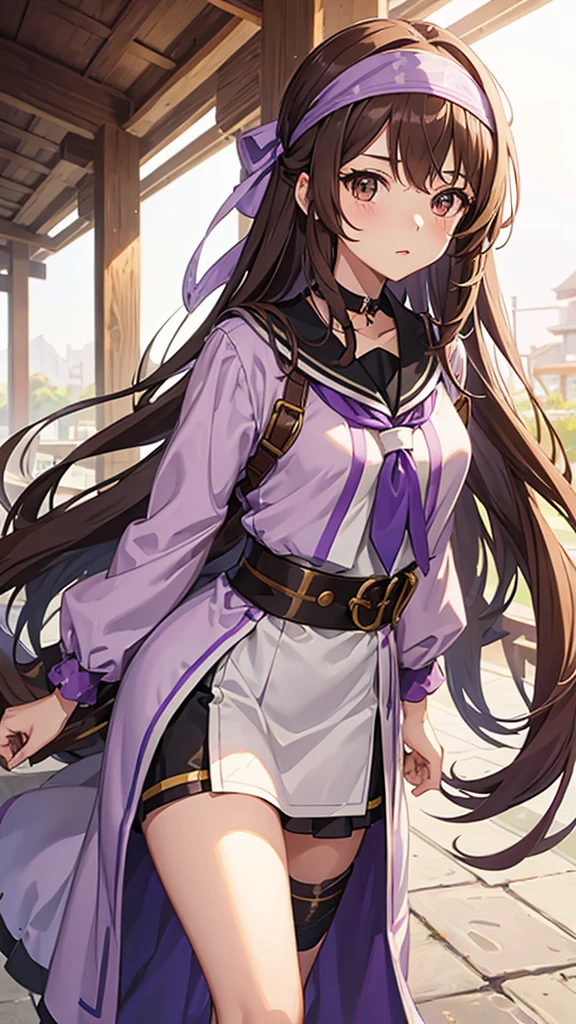 An anime girl in a lavender Clan outfit, with long, loose brown hair and brown eyes and a bandana on her forehead 