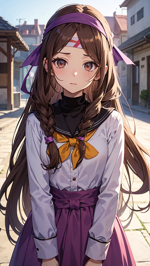 An anime girl in a lavender Clan outfit, with long, loose brown hair and brown eyes and a bandana on her forehead 